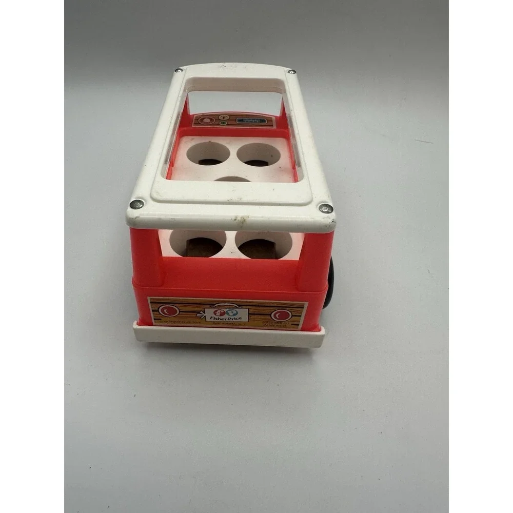 VTG FISHER PRICE LITTLE PEOPLE PLASTIC RED & WHITE MINI-BUS‎ TOY WOOD BASE 1969